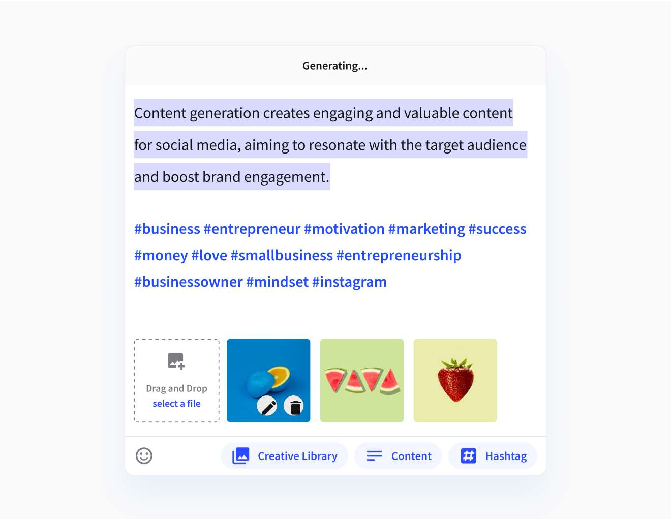 Content creation tool interface with a focus on generating engaging social media content, including a selection of popular business and motivational hashtags, and a creative library for media assets.