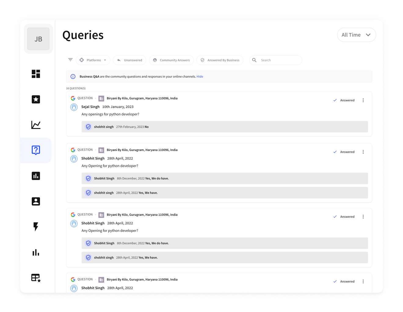 Customer query management interface showing a list of inquiries and responses, filtered by answered status and platform, for efficient online community engagement.