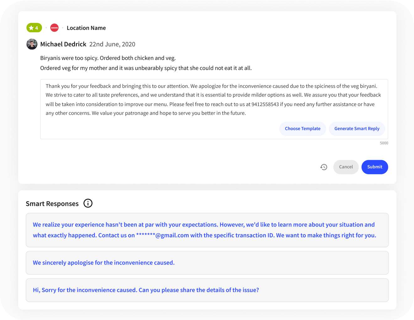 Customer service interface showing a negative review response with suggested smart replies for efficient communication.