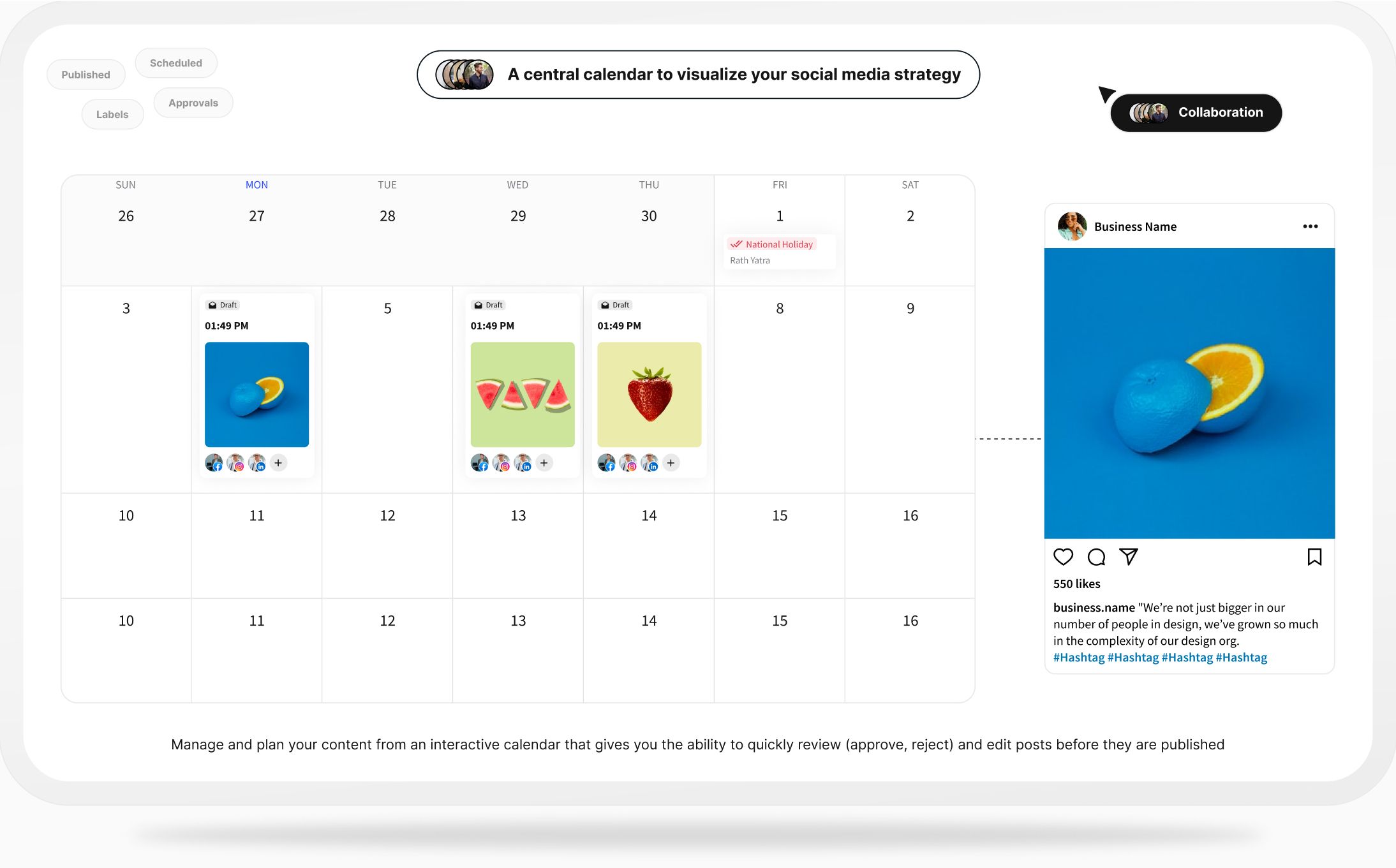 Social media content calendar interface with scheduled posts, including visual drafts and an option for collaborative review and management.